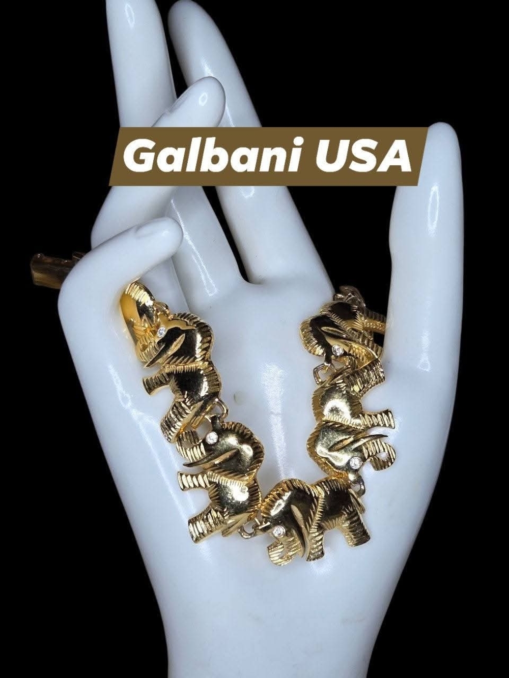 Vintage Signed Galbani USA Gold-Tone Elephant Link Bracelet